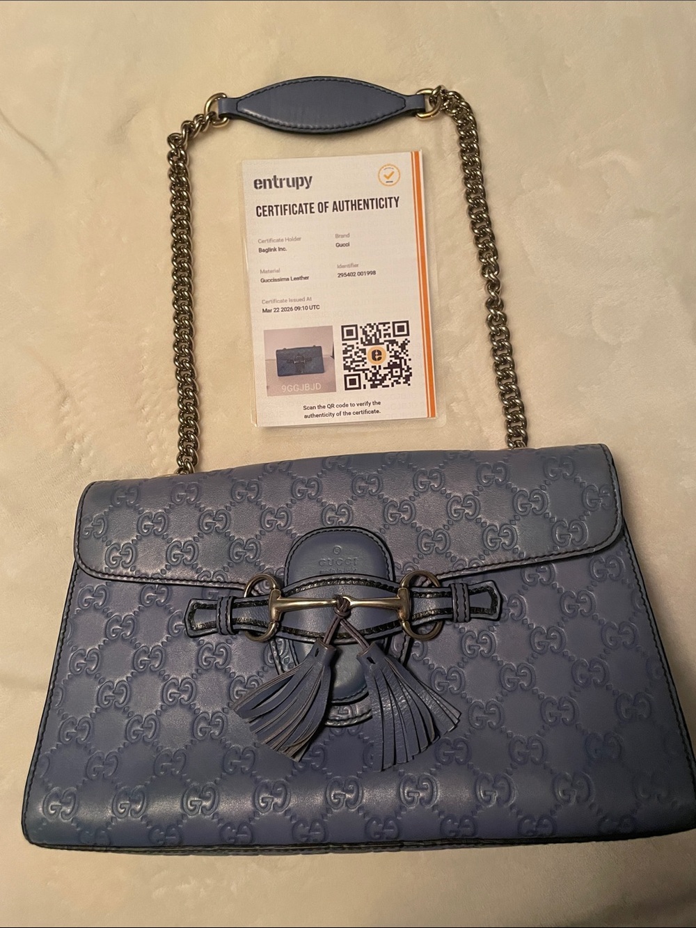 Gucci Emily Blue Embossed Leather Shoulder Bag with Tassel Hardware